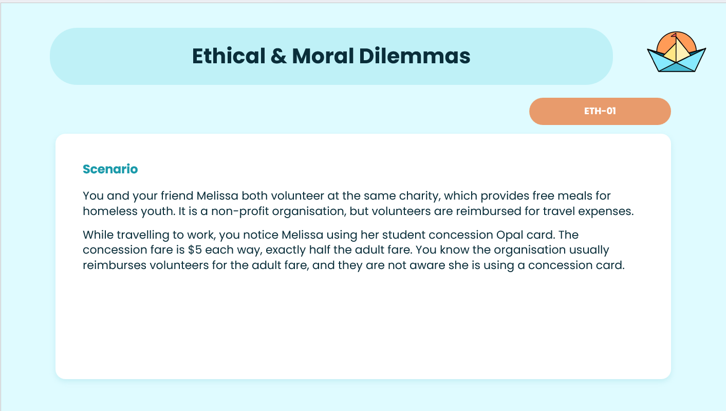 A station card from the Voyager Academy Interview Question Bank: an ethical and moral dilemma scenario